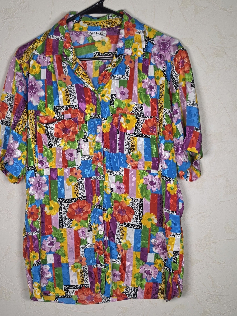 Vintage 90s Kitsch Colorblock Dloeal Patchwork Print Short Sleeve Shirt Large